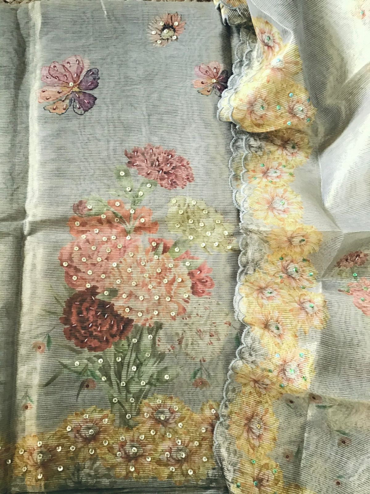 Soft Tissue Chanderi Printed Embroidered Suit - Blue