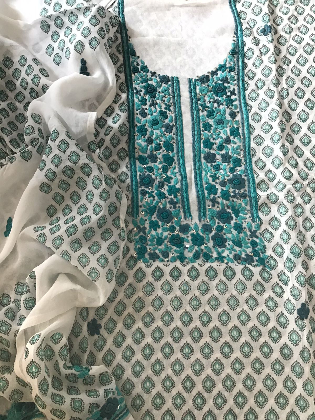 Soft Georgette Printed Embroidered Suit - White