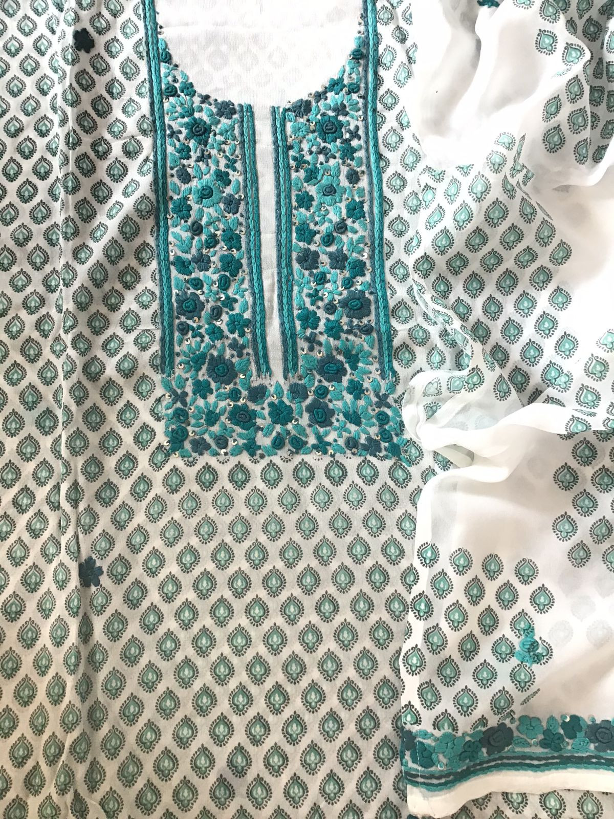 Soft Georgette Printed Embroidered Suit - White