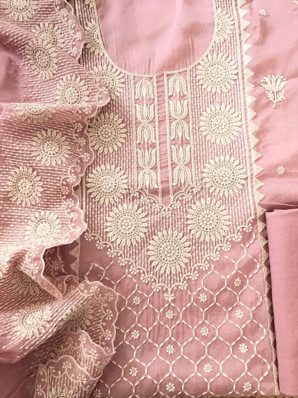 Soft Fine Organza Embroidered Suit - Pink