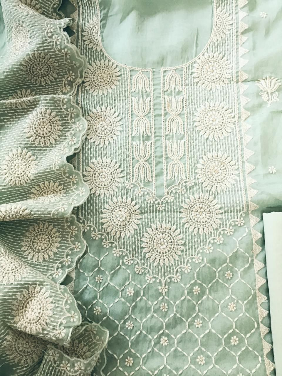 Soft Fine Organza Embroidered Suit - Green