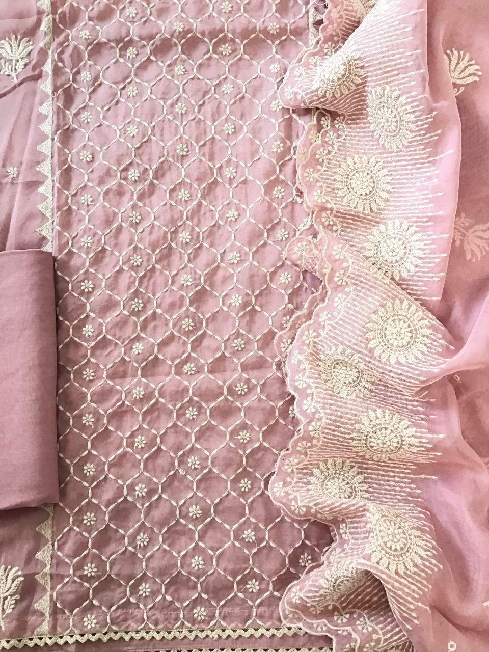 Soft Fine Organza Embroidered Suit - Pink