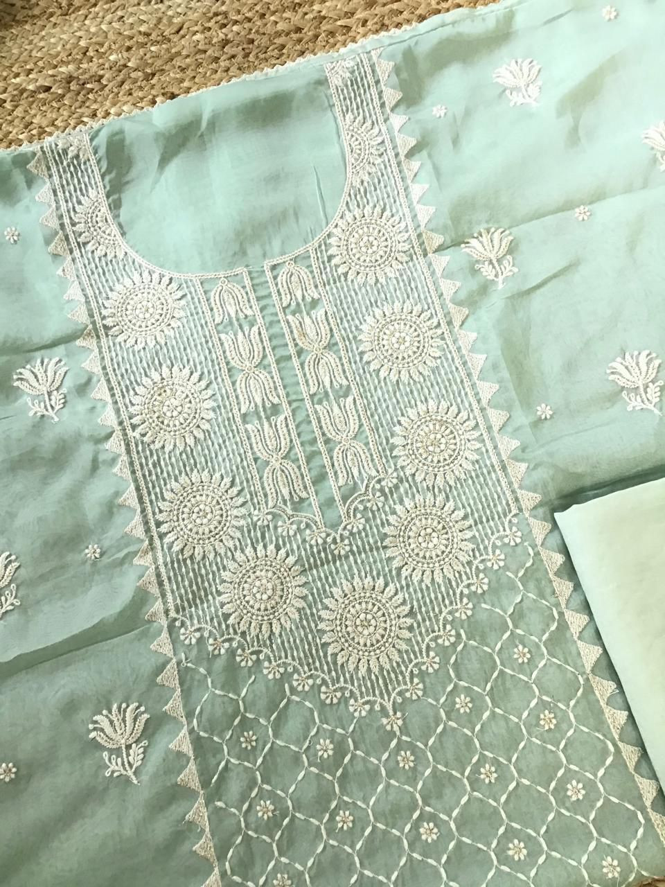 Soft Fine Organza Embroidered Suit - Green