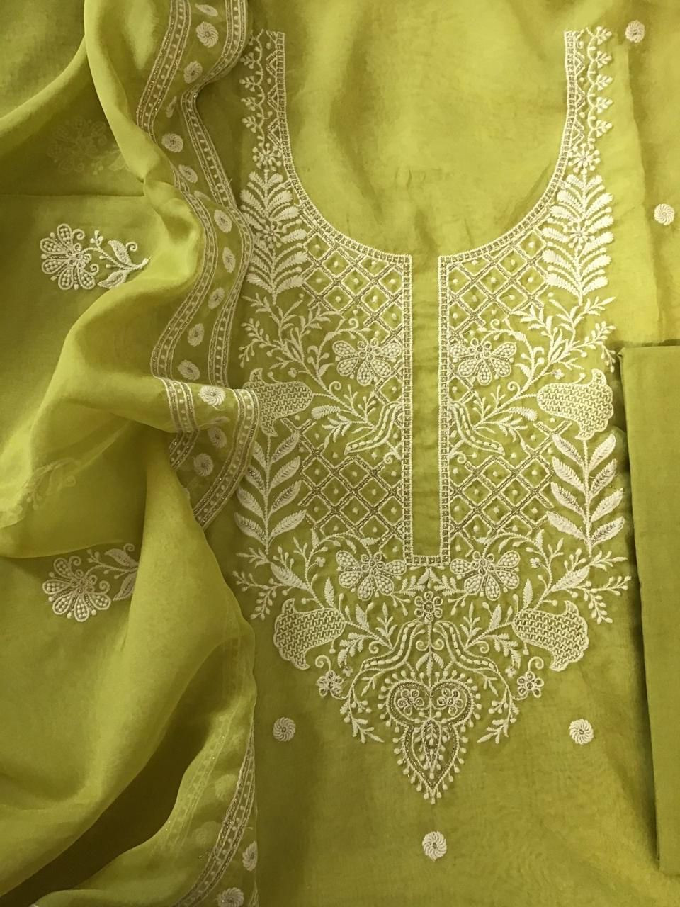 Soft Fine Organza Embroidered Suit - Lime Green