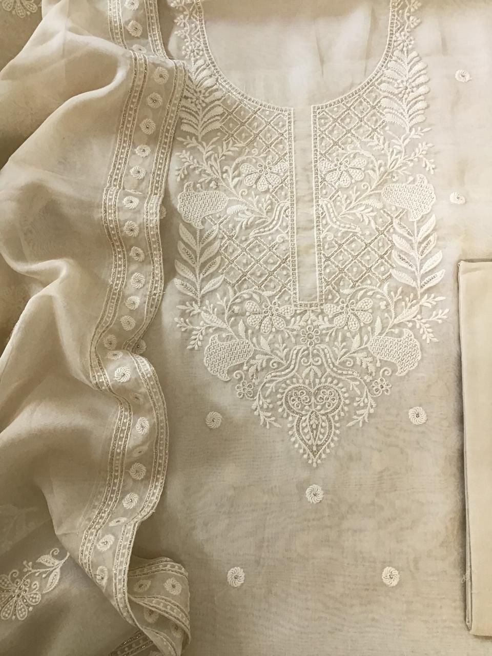 Soft Fine Organza Embroidered Suit - Cream