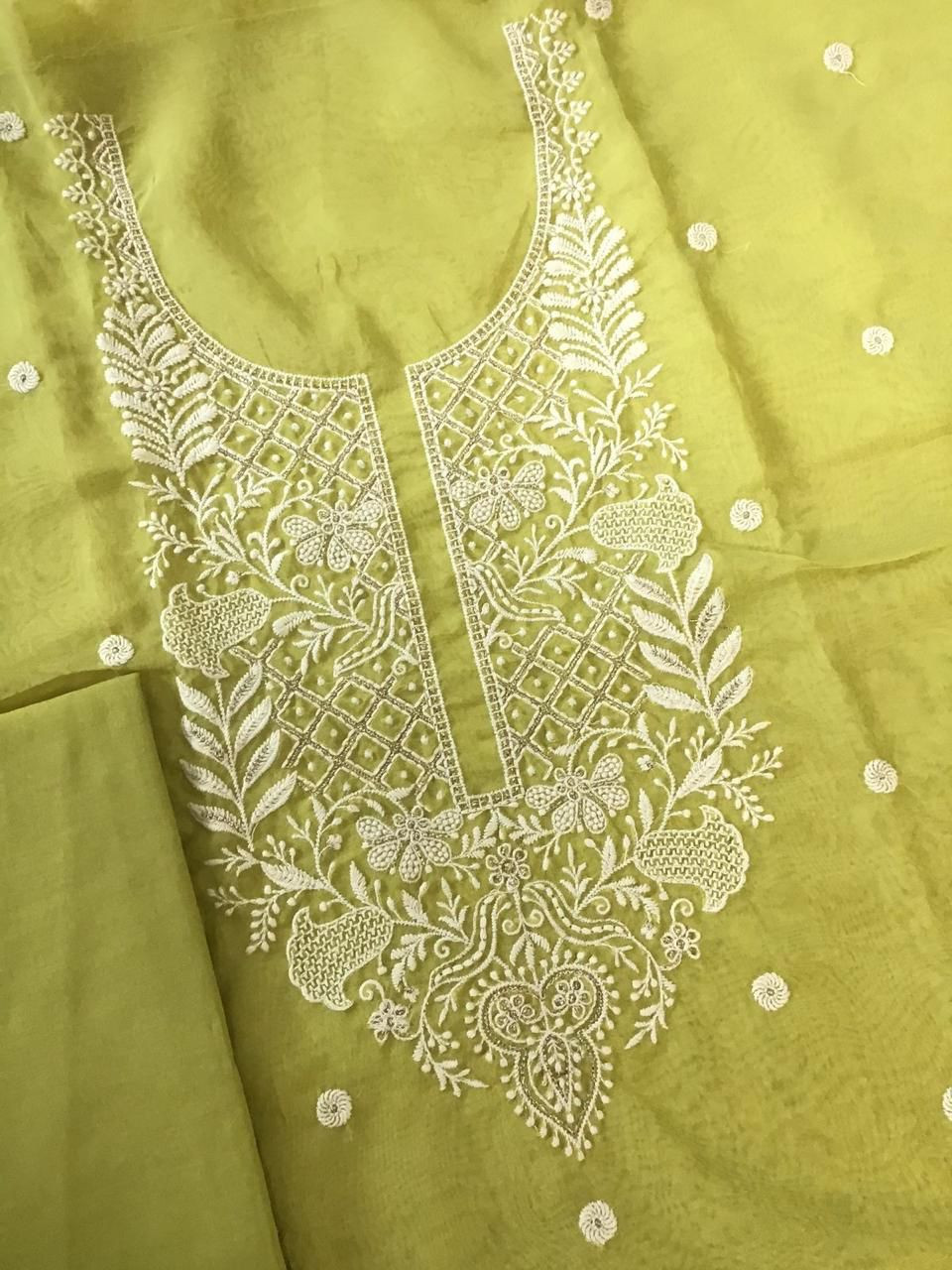 Soft Fine Organza Embroidered Suit - Lime Green