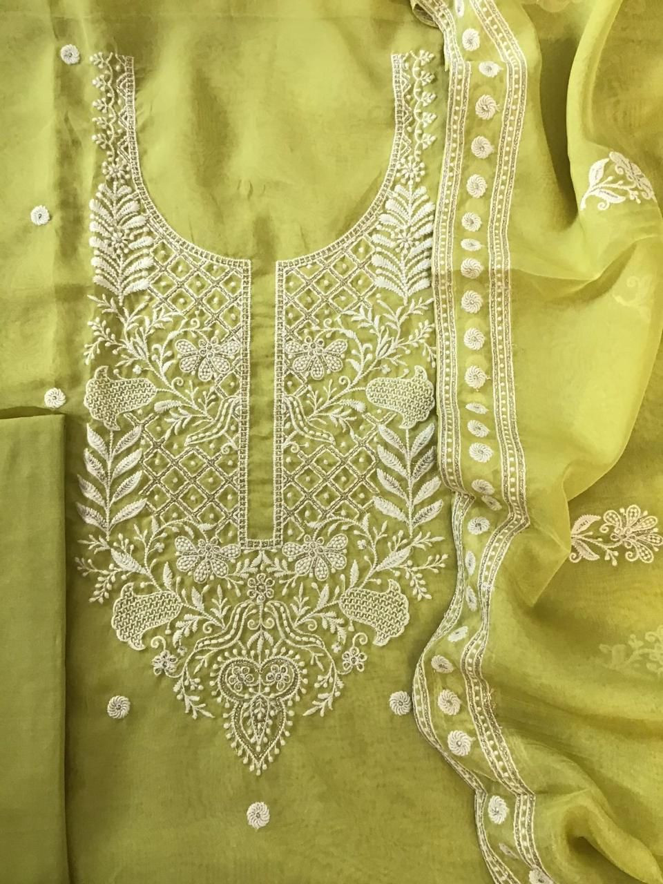 Soft Fine Organza Embroidered Suit - Lime Green
