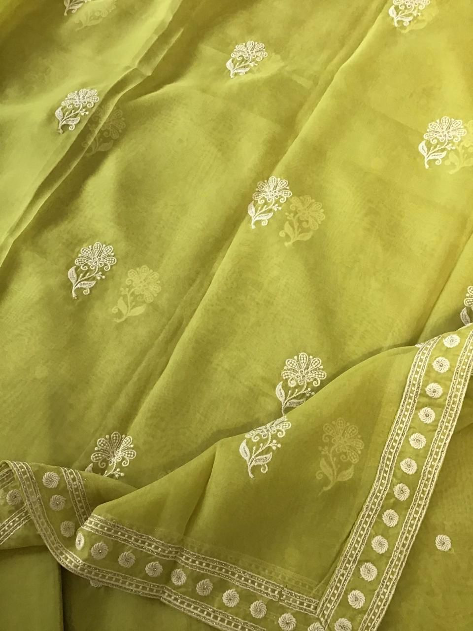 Soft Fine Organza Embroidered Suit - Lime Green