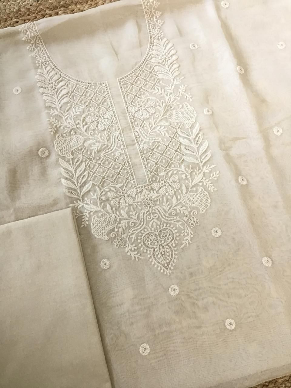 Soft Fine Organza Embroidered Suit - Cream