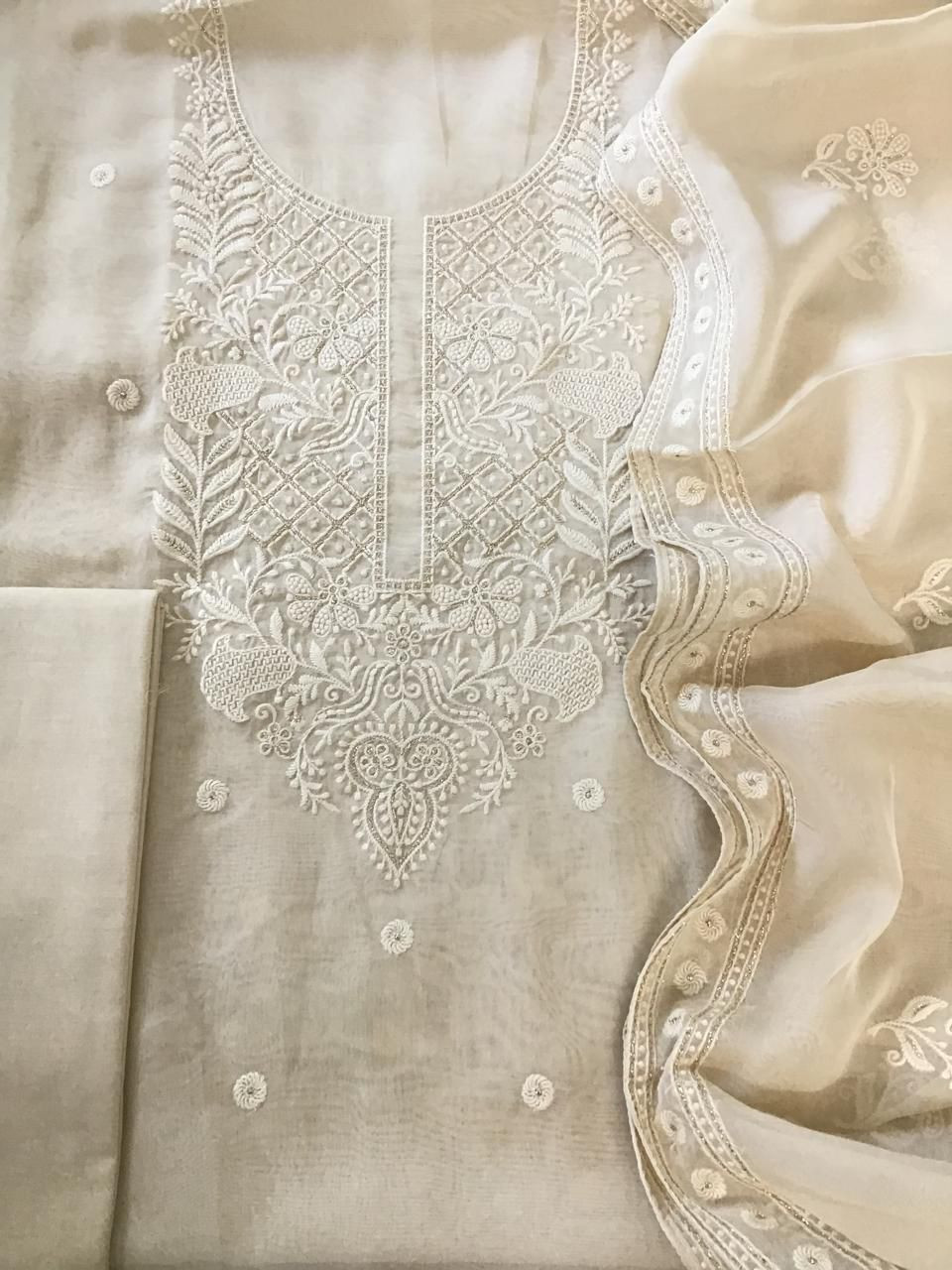 Soft Fine Organza Embroidered Suit - Cream