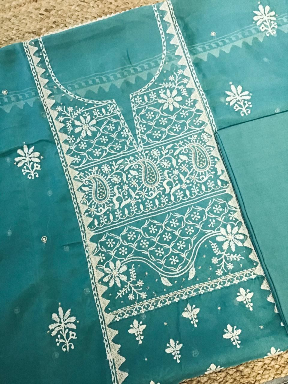 Soft Fine Organza Embroidered Suit - Blue