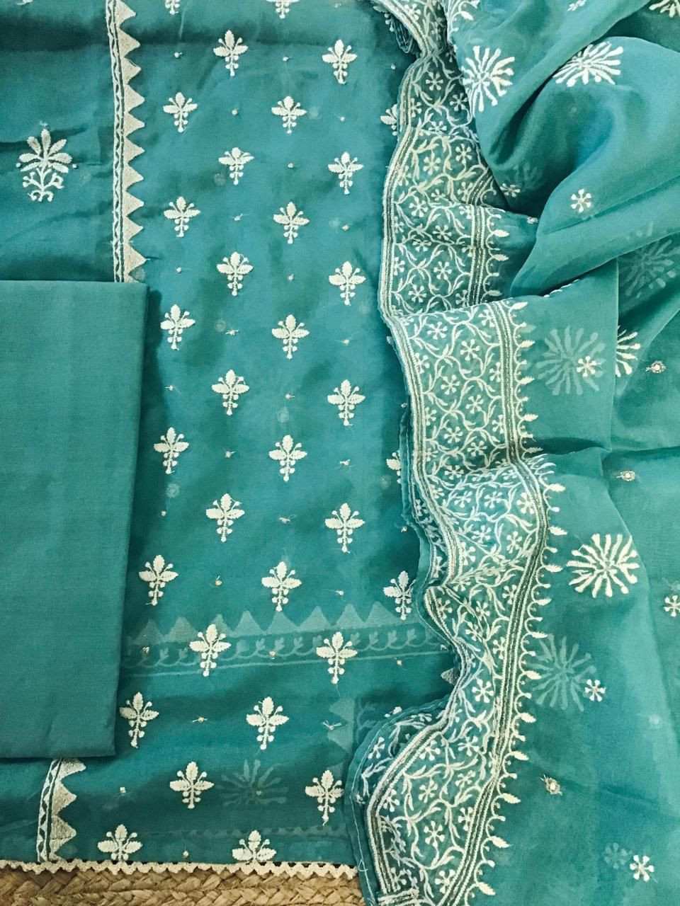 Soft Fine Organza Embroidered Suit - Blue