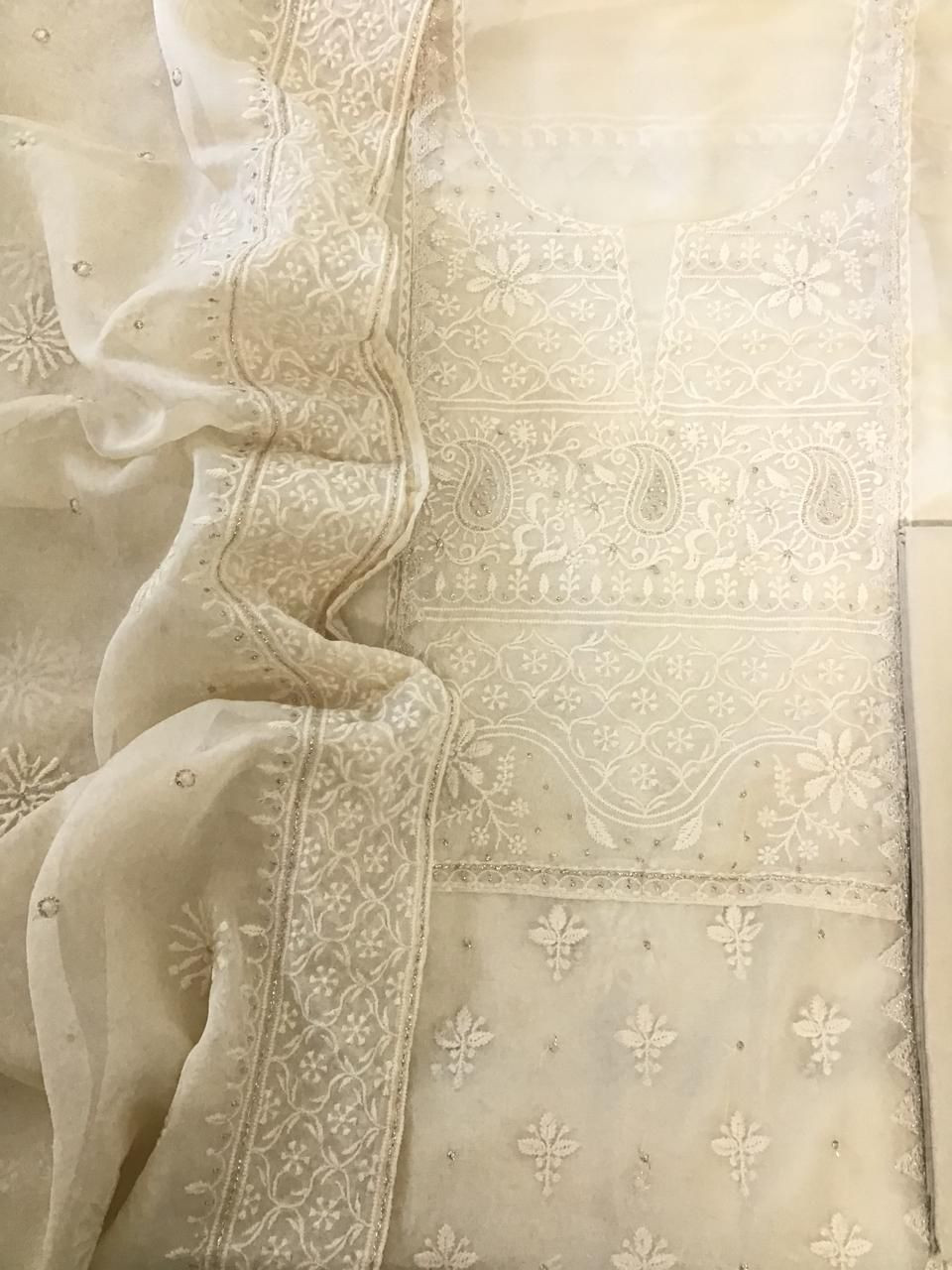 Soft Fine Organza Embroidered Suit - Cream