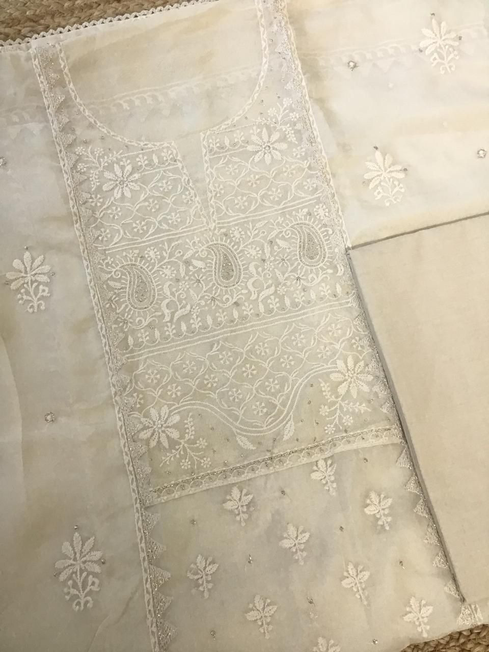 Soft Fine Organza Embroidered Suit - Cream