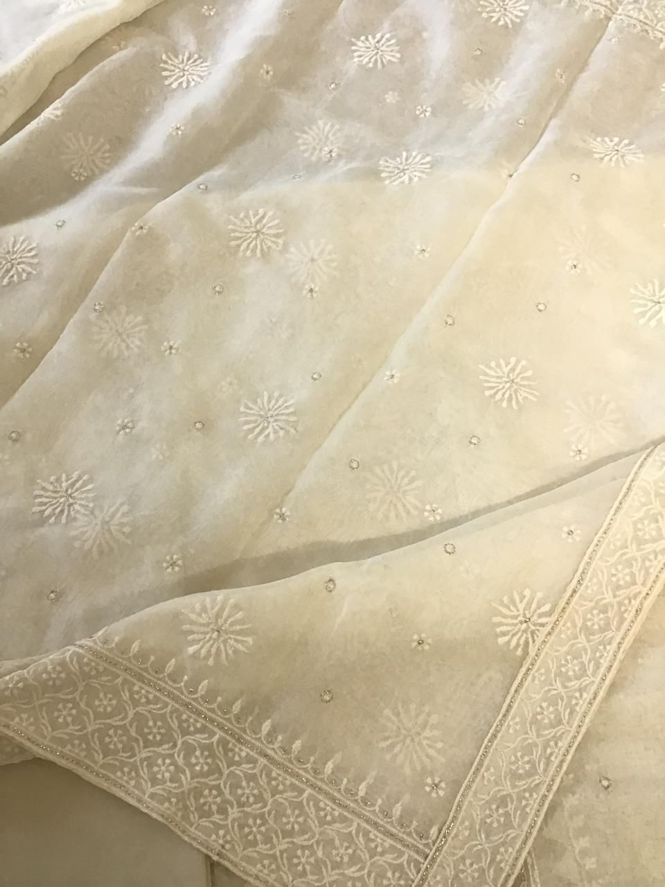 Soft Fine Organza Embroidered Suit - Cream