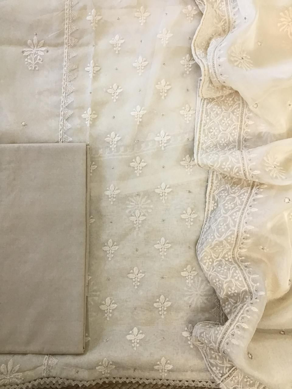 Soft Fine Organza Embroidered Suit - Cream