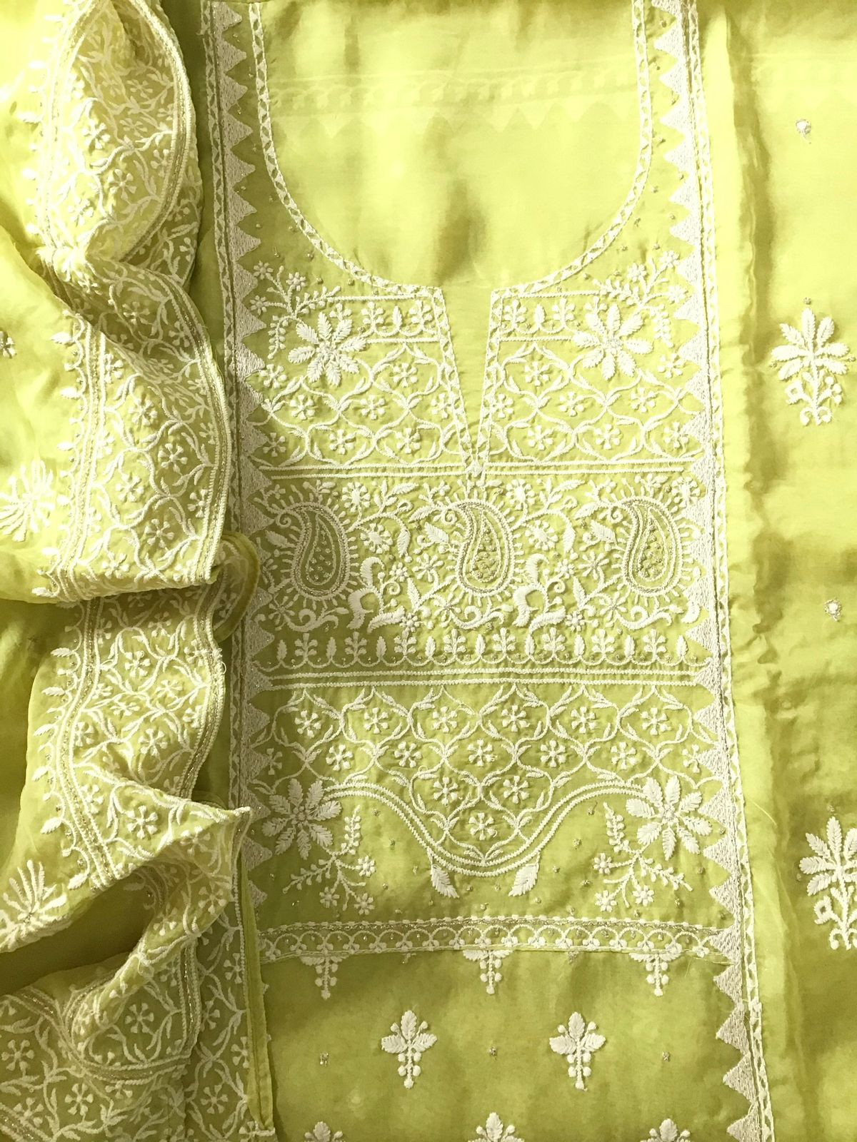 Soft Fine Organza Embroidered Suit - Lime Green