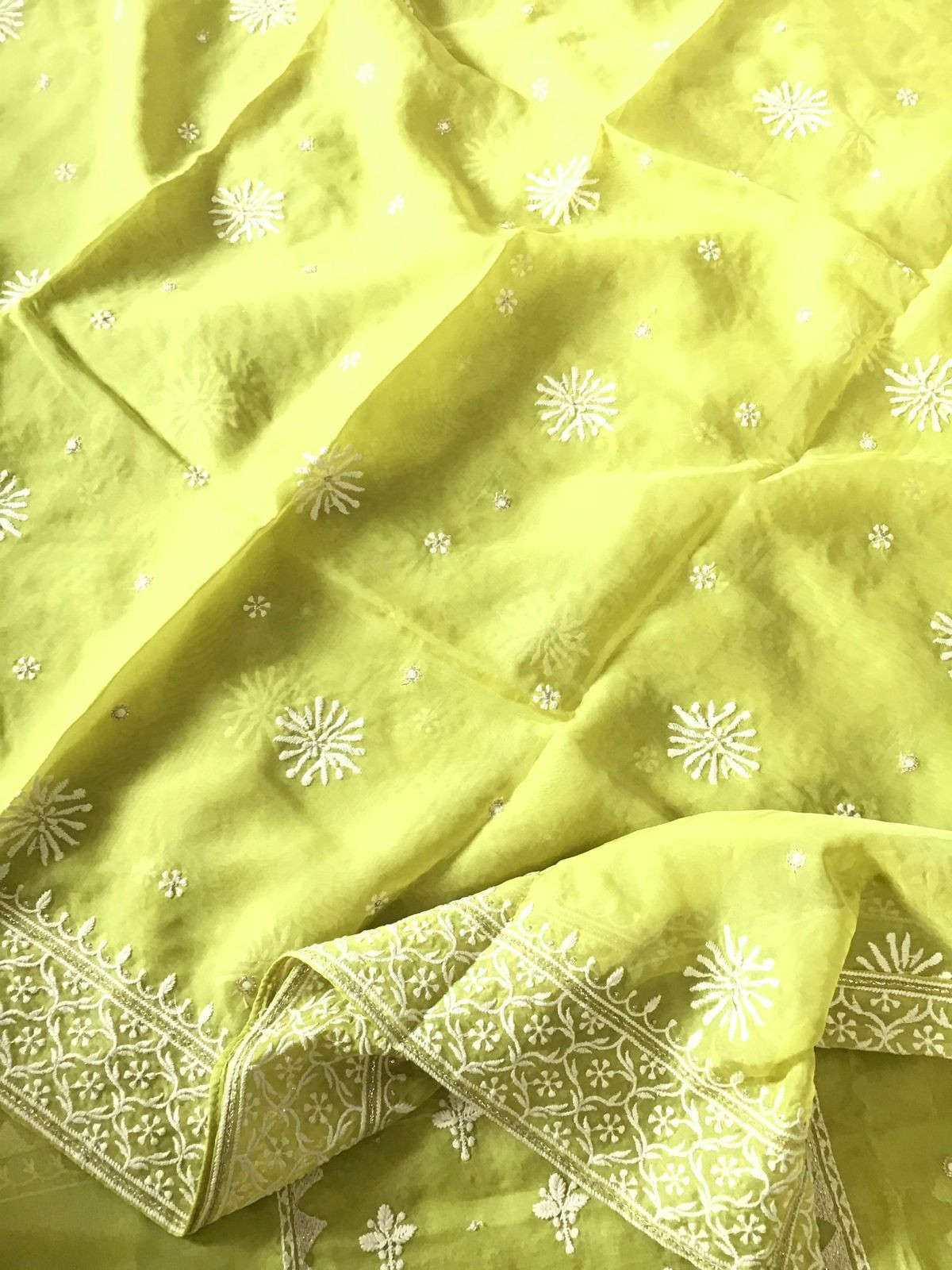 Soft Fine Organza Embroidered Suit - Lime Green