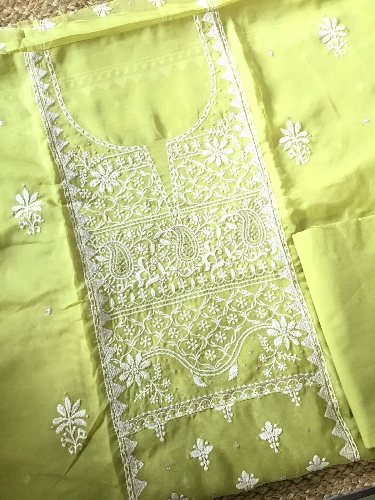 Soft Fine Organza Embroidered Suit - Lime Green
