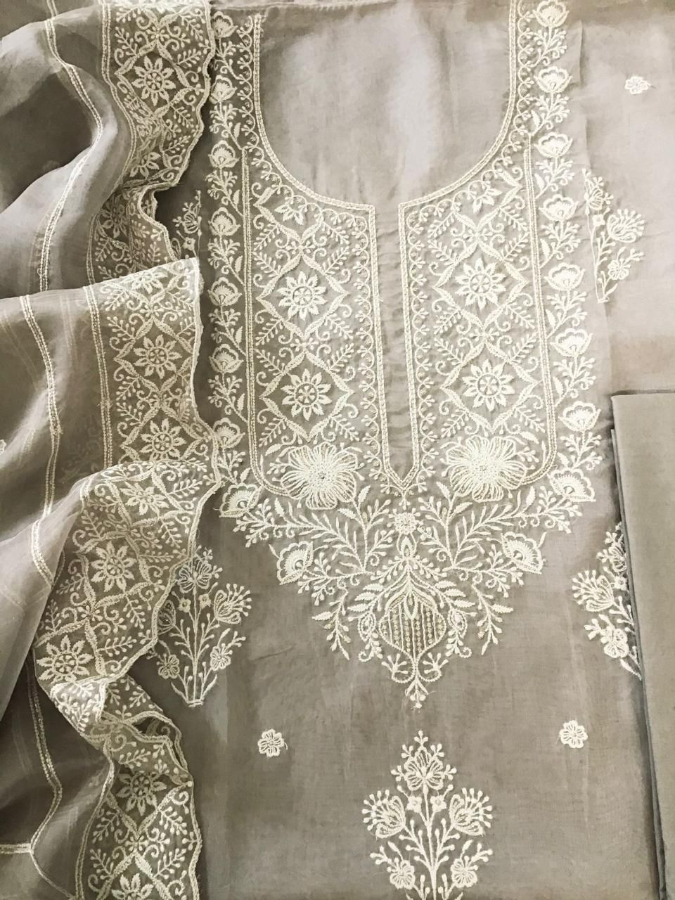 Soft Fine Organza Embroidered Suit - Beige