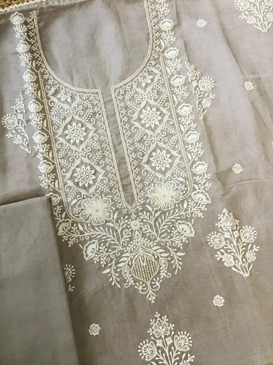 Soft Fine Organza Embroidered Suit - Beige