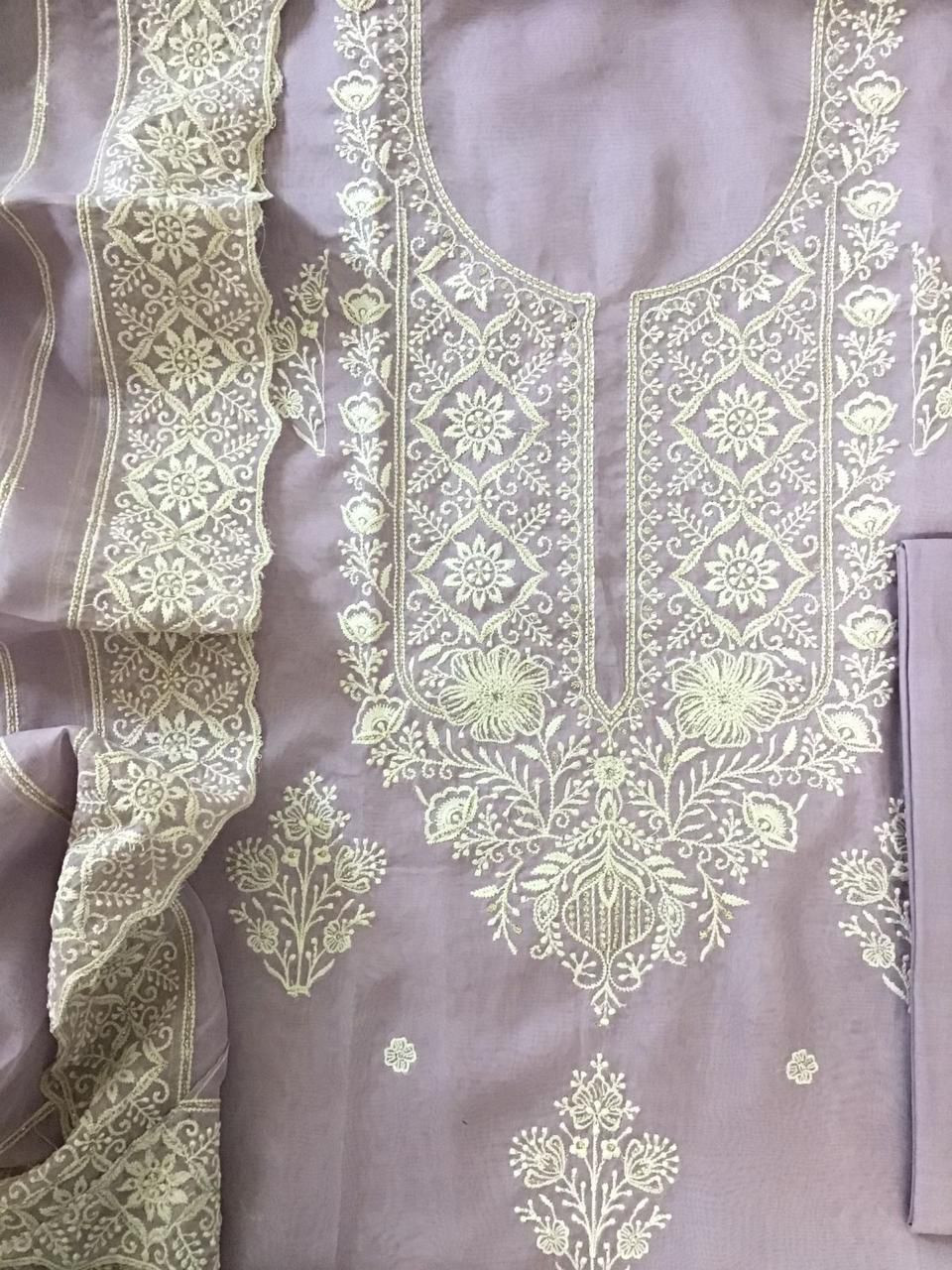 Soft Fine Organza Embroidered Suit - Lavender
