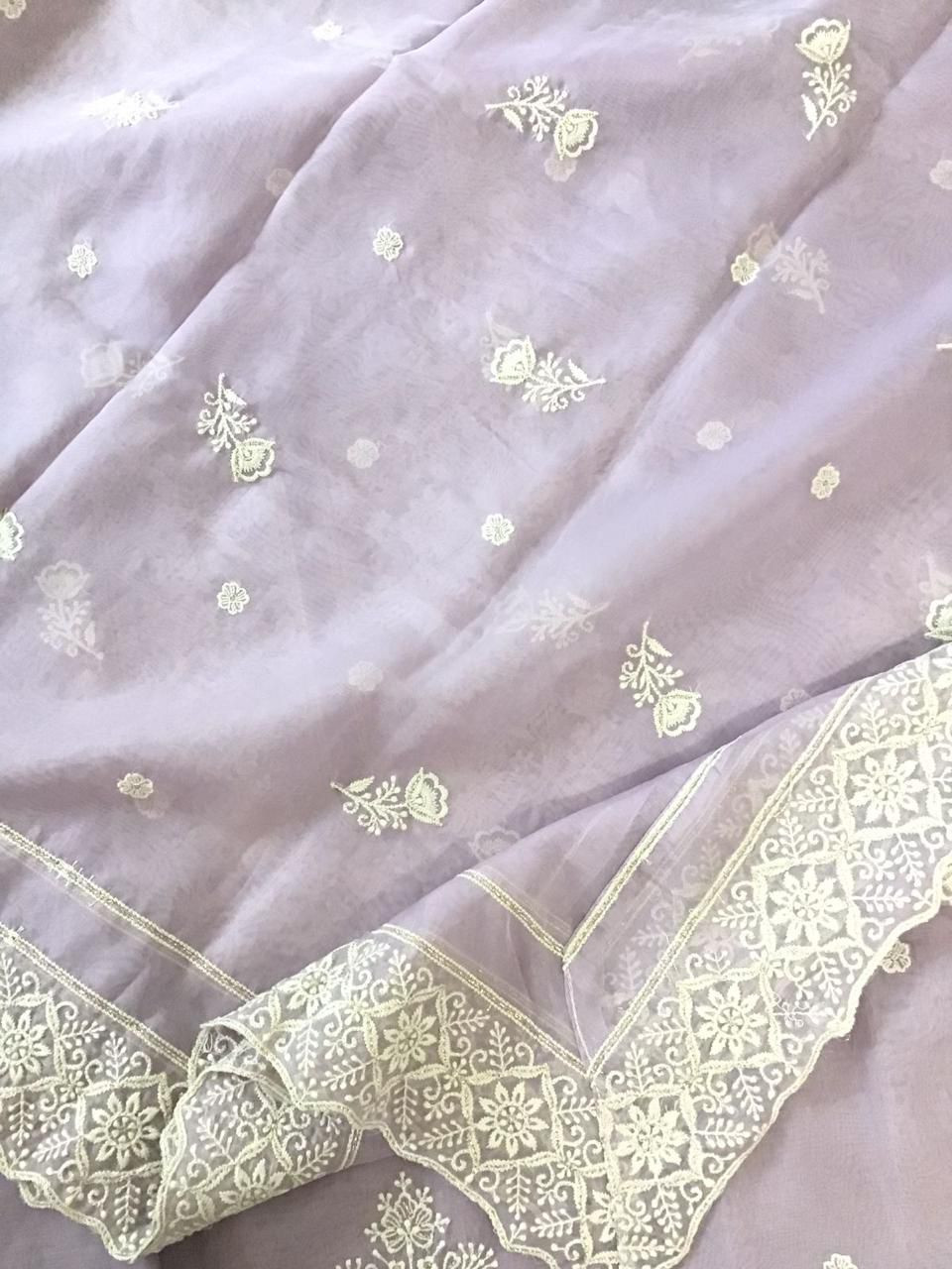 Soft Fine Organza Embroidered Suit - Lavender