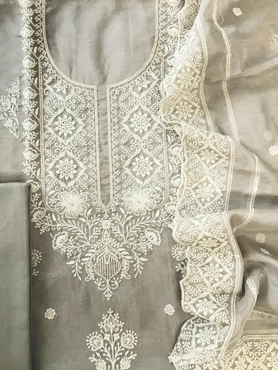 Soft Fine Organza Embroidered Suit - Beige