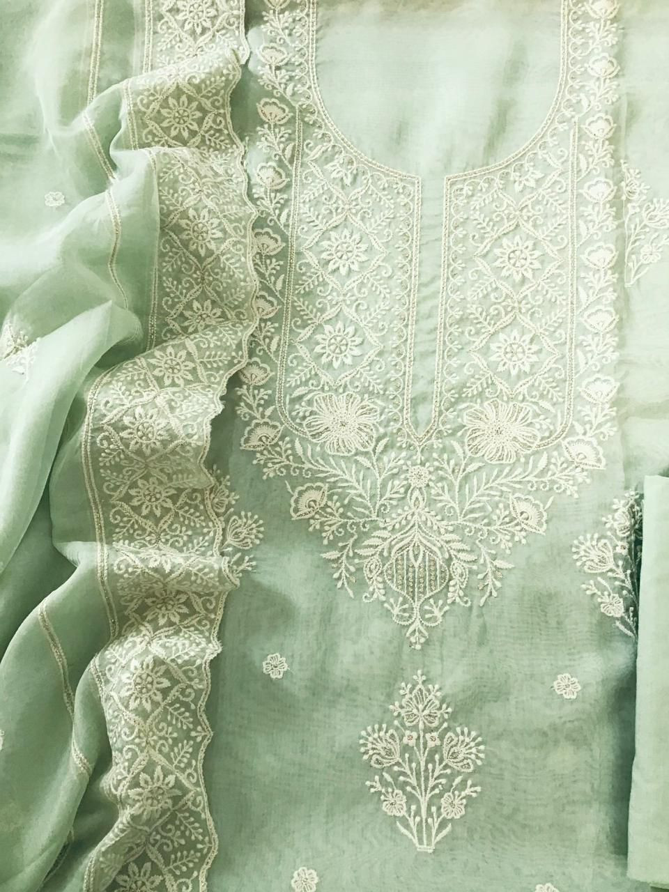 Soft Fine Organza Embroidered Suit - Green