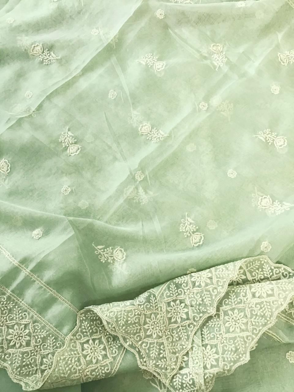 Soft Fine Organza Embroidered Suit - Green