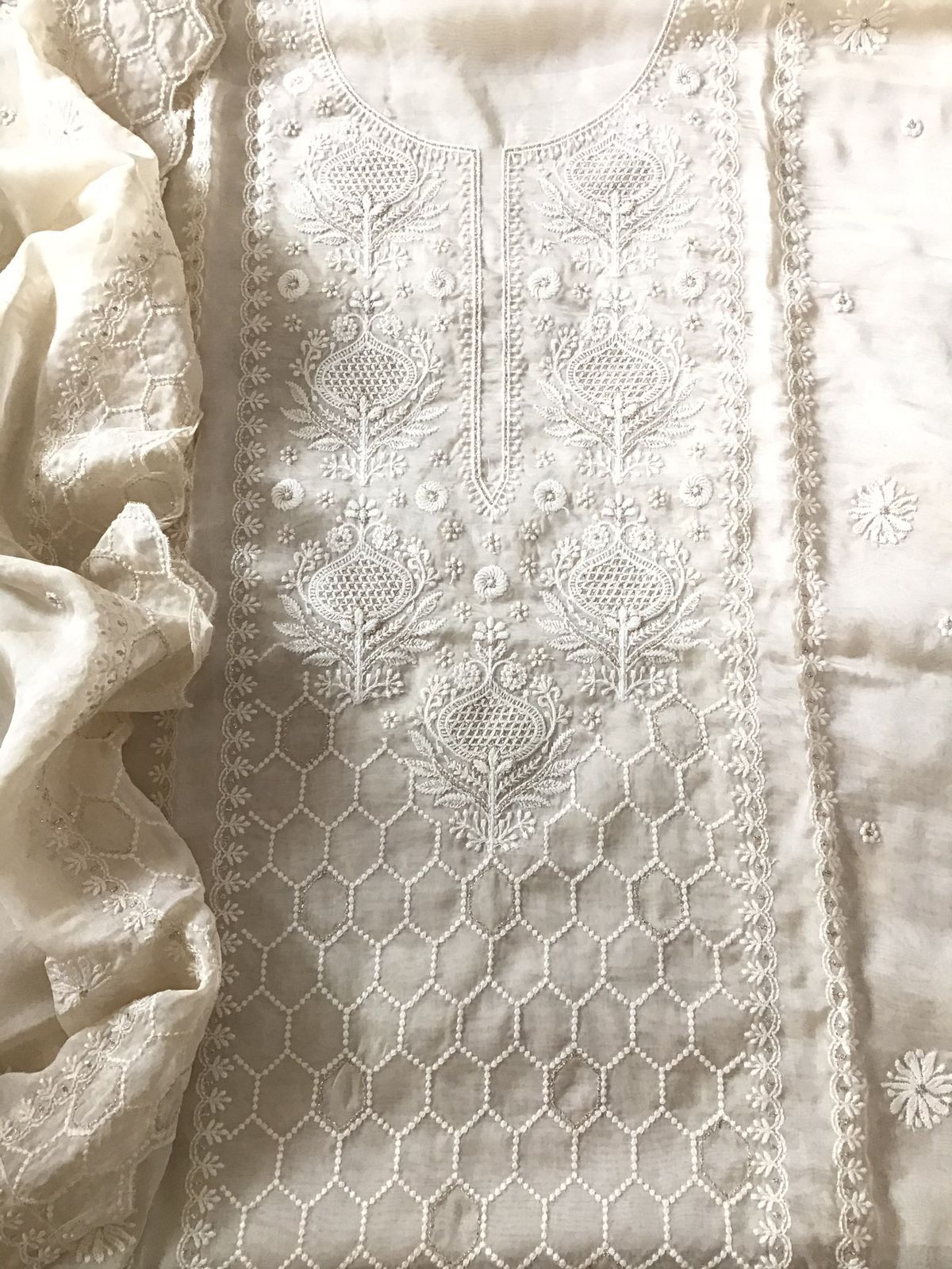 Soft Fine Organza Embroidered Suit - Cream