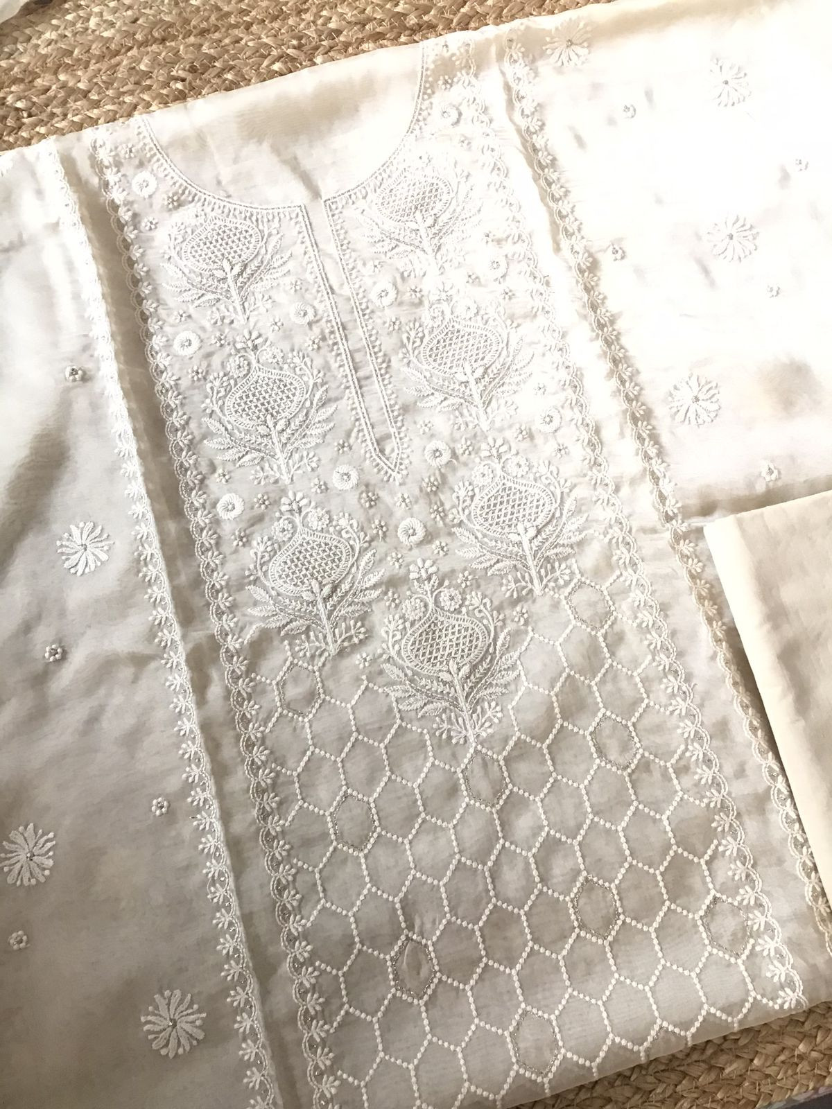 Soft Fine Organza Embroidered Suit - Cream