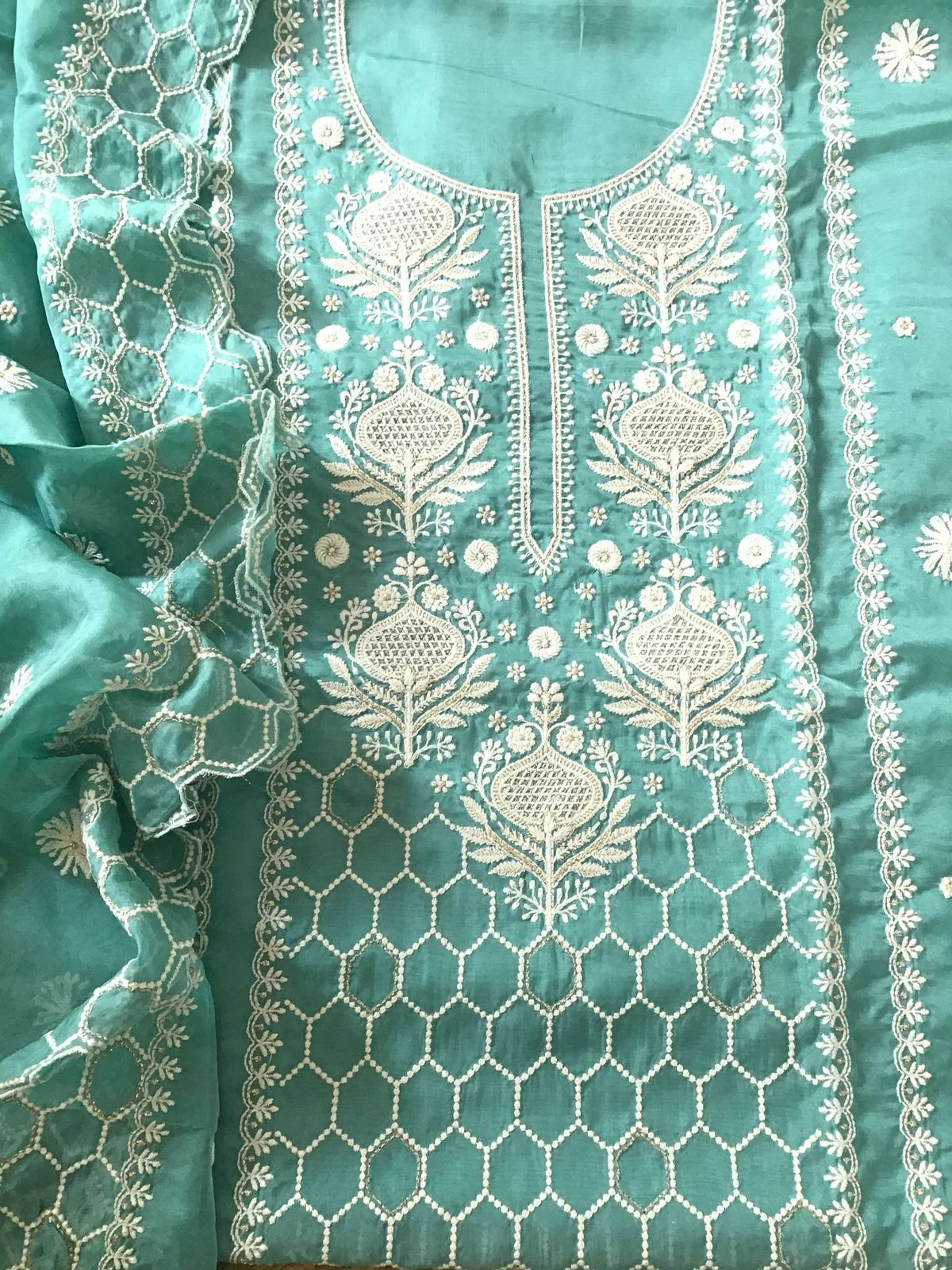 Soft Fine Organza Embroidered Suit - Blue