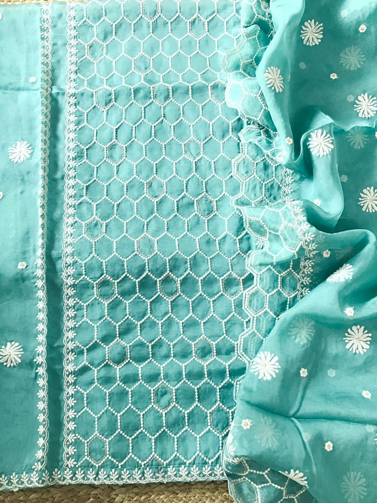 Soft Fine Organza Embroidered Suit - Blue