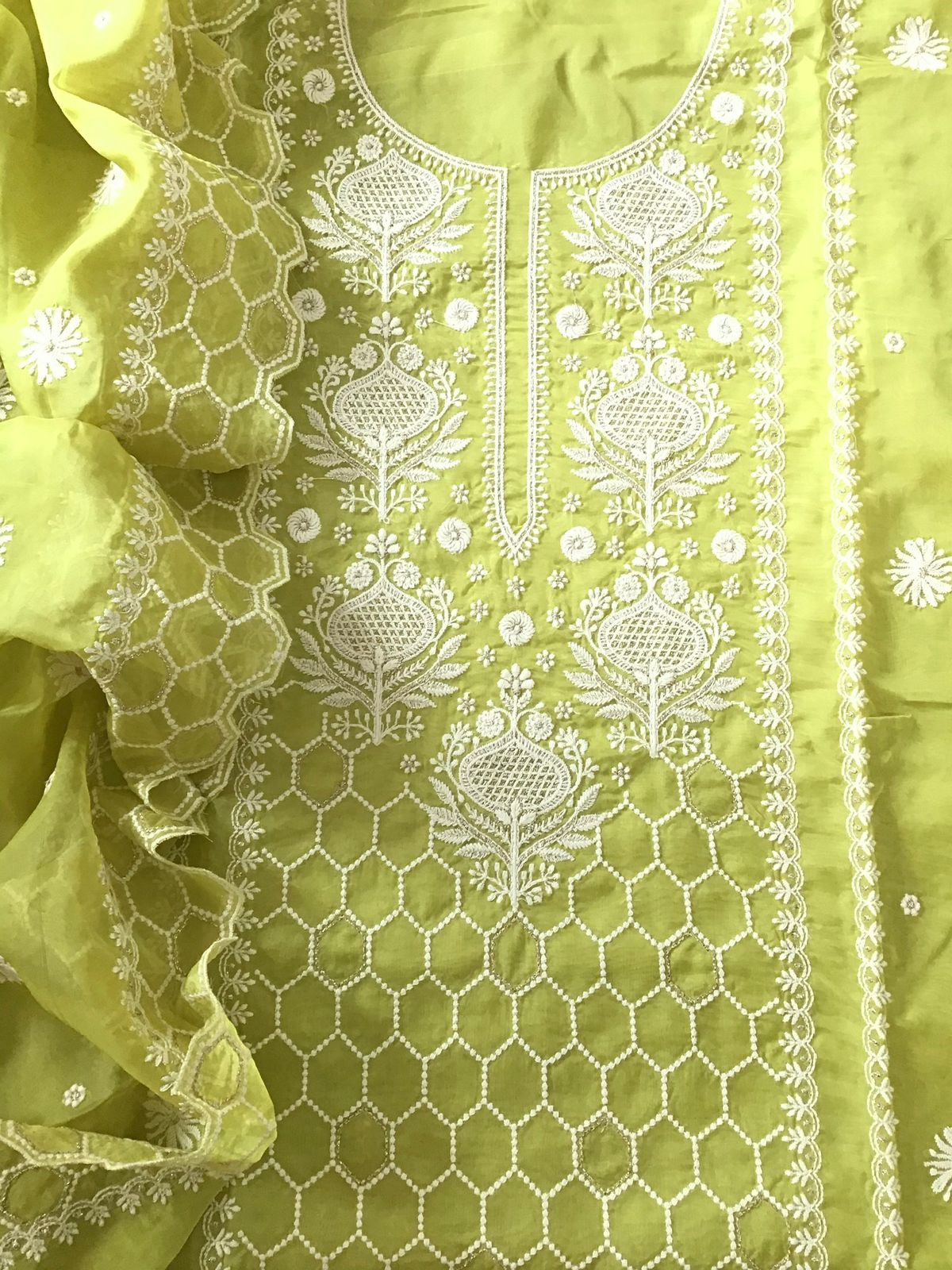 Soft Fine Organza Embroidered Suit - Lime Green