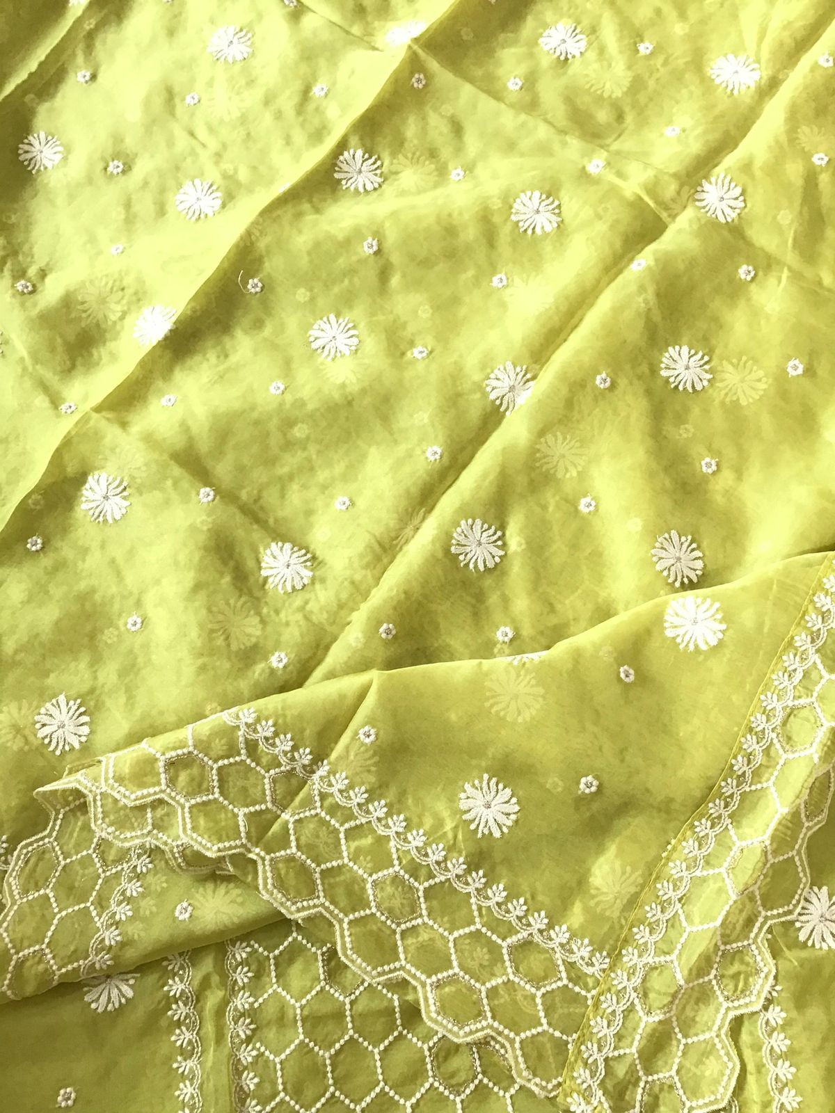Soft Fine Organza Embroidered Suit - Lime Green