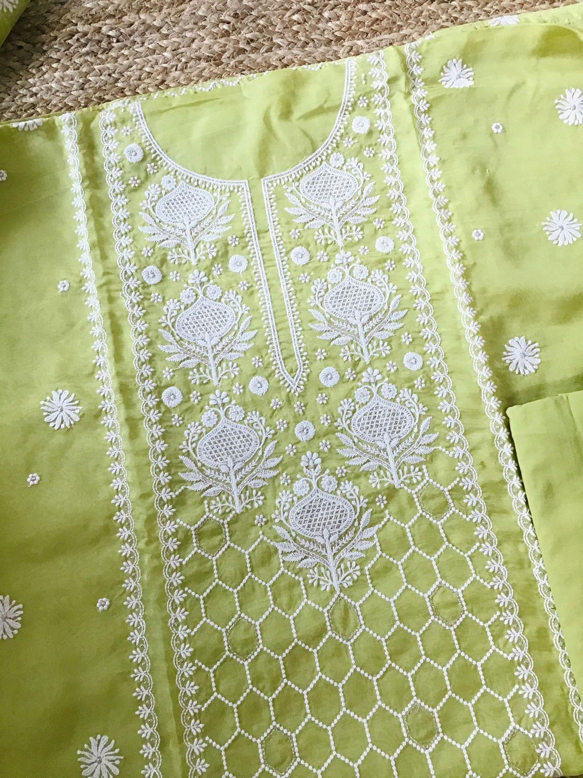 Soft Fine Organza Embroidered Suit - Lime Green