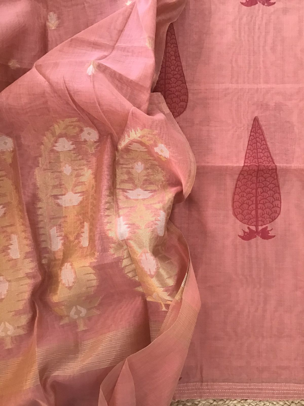 Soft Slub Chanderi Printed Jamdani Weaved Suit - Peach