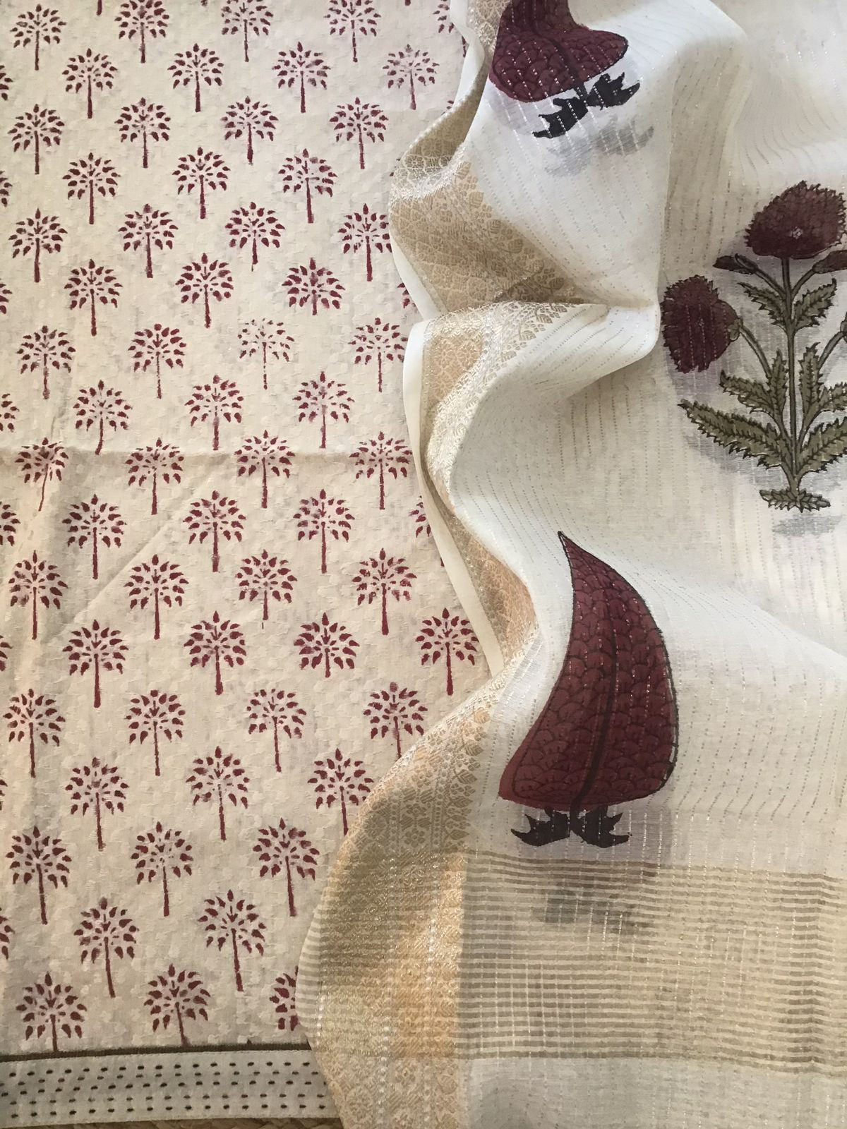 Pure Cotton Printed Self Embroidered Suit - Offwhite