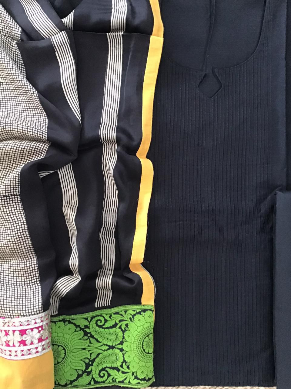 Pure Cotton Silk Pintucks Embroidered Printed Suit - Black