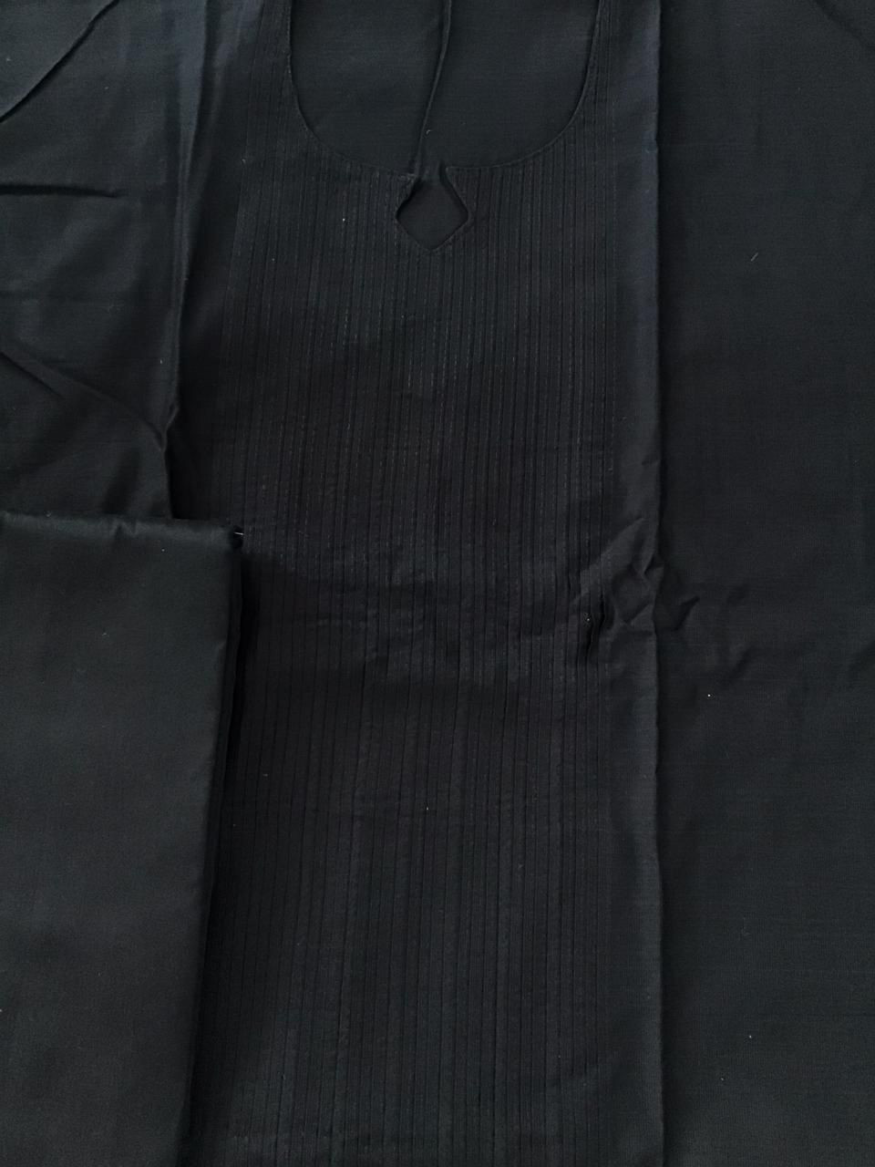 Pure Cotton Silk Pintucks Embroidered Printed Suit - Black