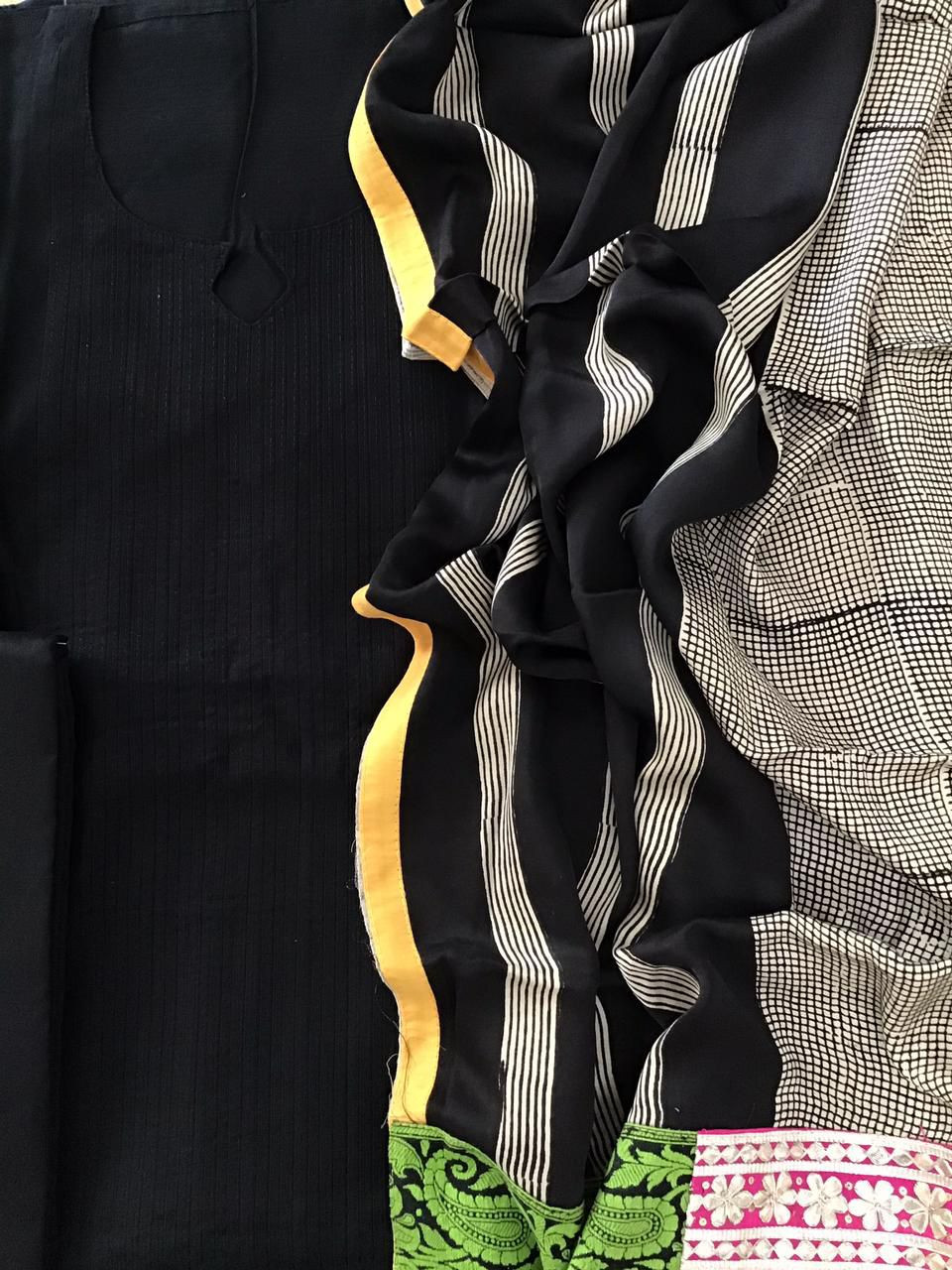 Pure Cotton Silk Pintucks Embroidered Printed Suit - Black