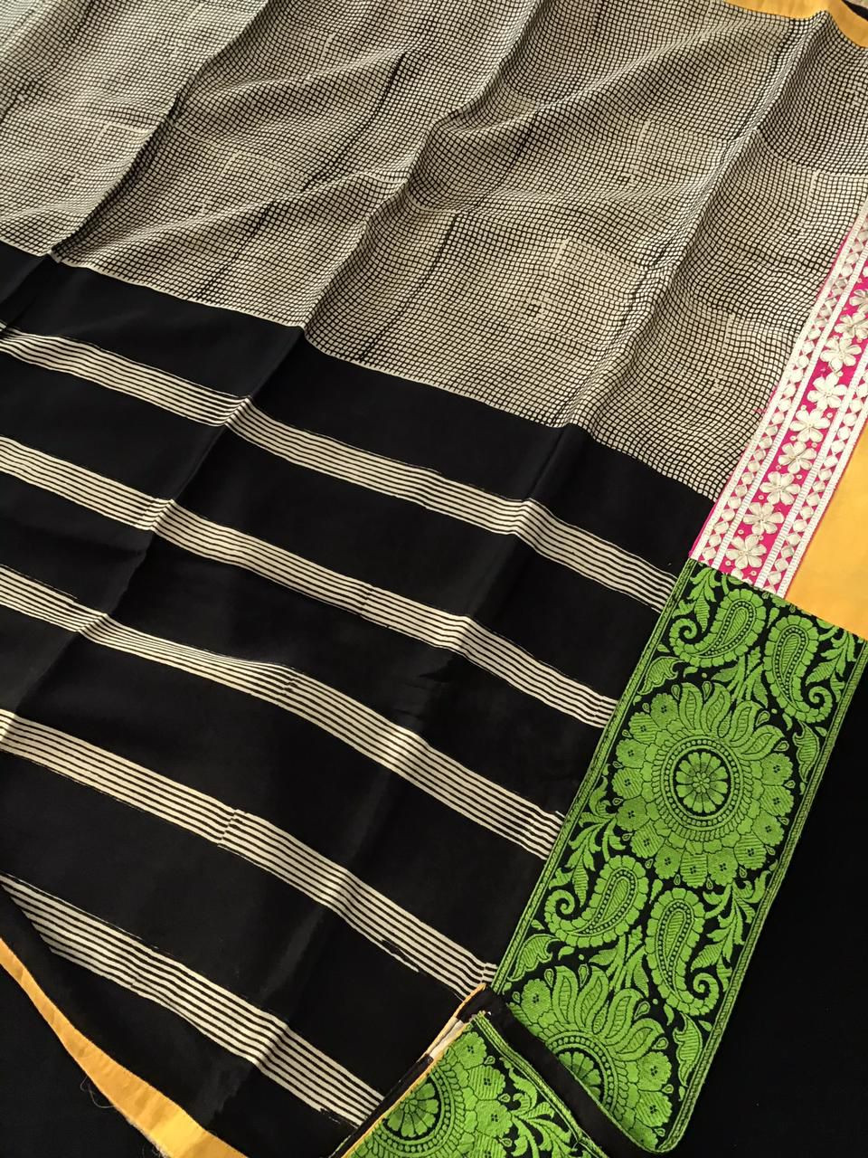 Pure Cotton Silk Pintucks Embroidered Printed Suit - Black