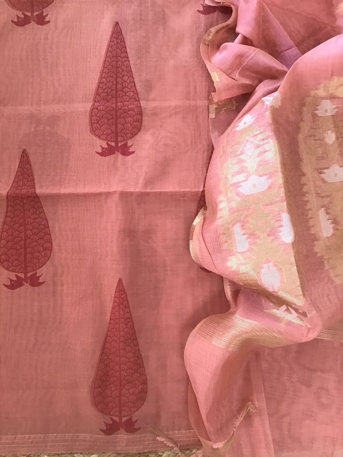 Soft Slub Chanderi Printed Jamdani Weaved Suit - Peach