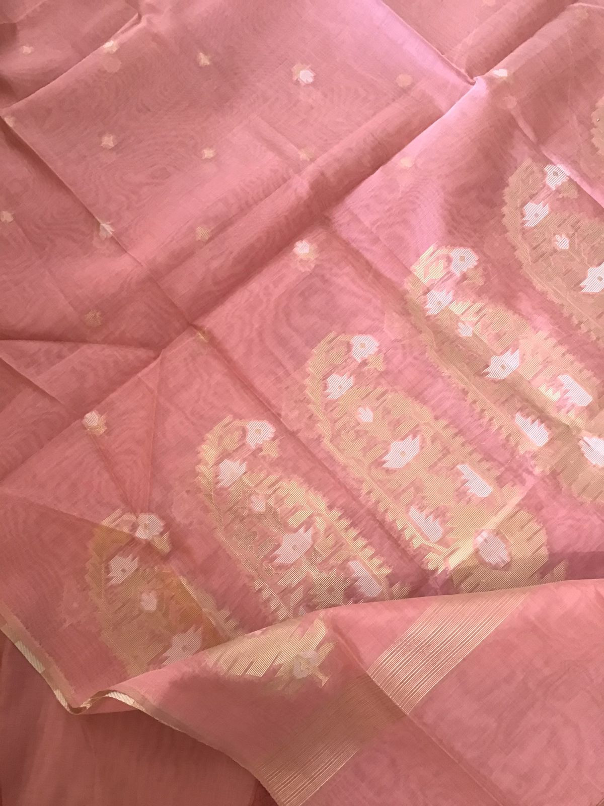 Soft Slub Chanderi Printed Jamdani Weaved Suit - Peach