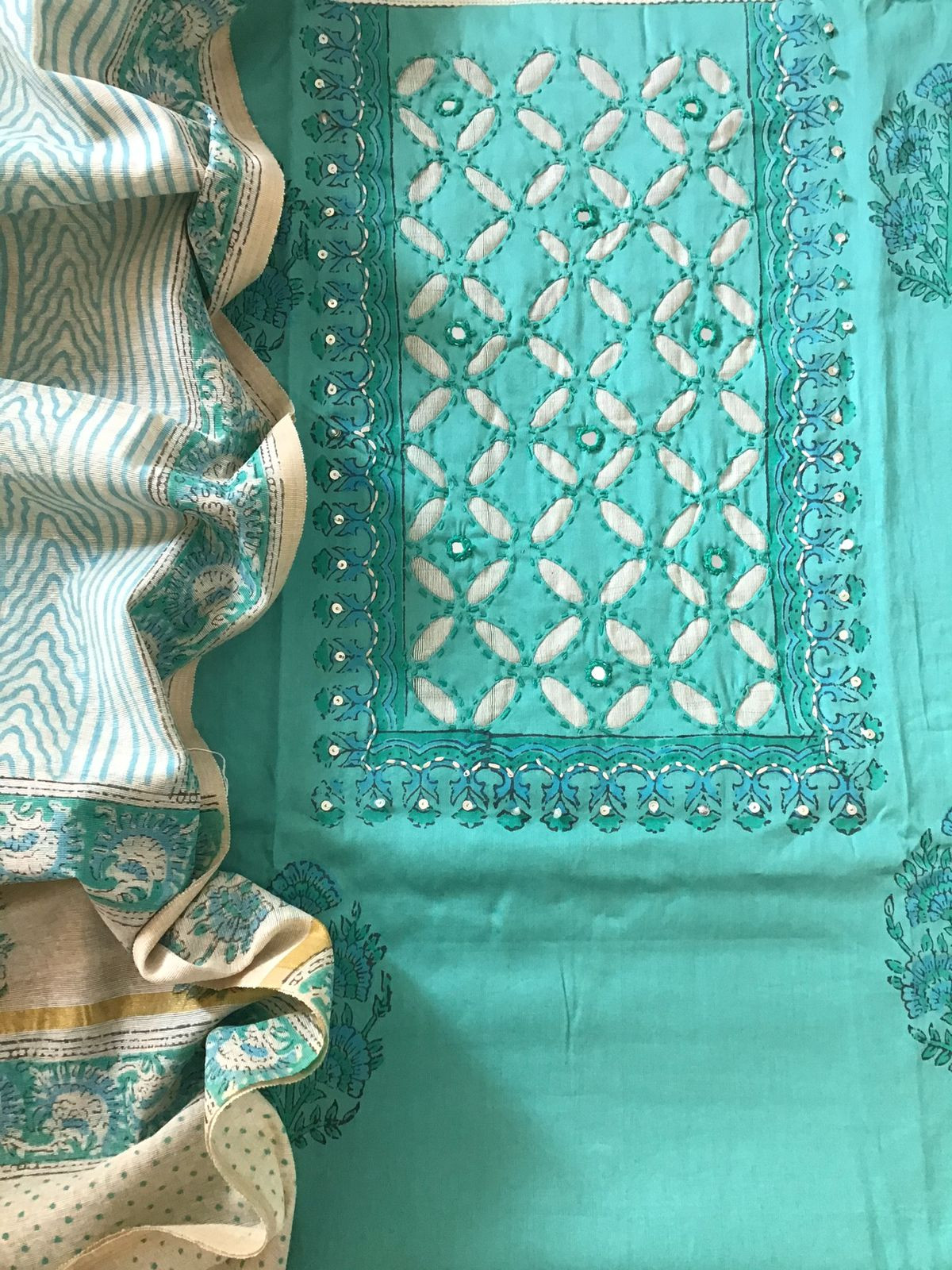Pure Jaam Cotton Printed Embroidered Suit - Sea Green