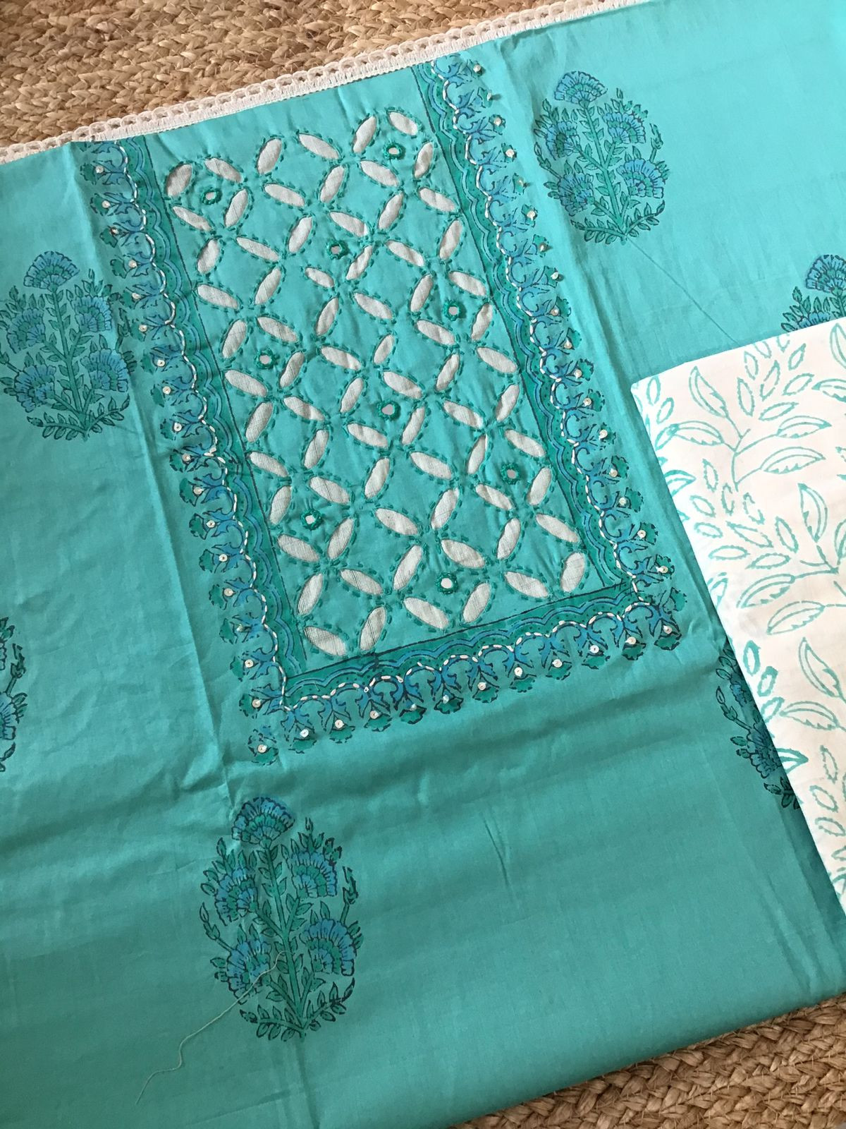 Pure Jaam Cotton Printed Embroidered Suit - Sea Green