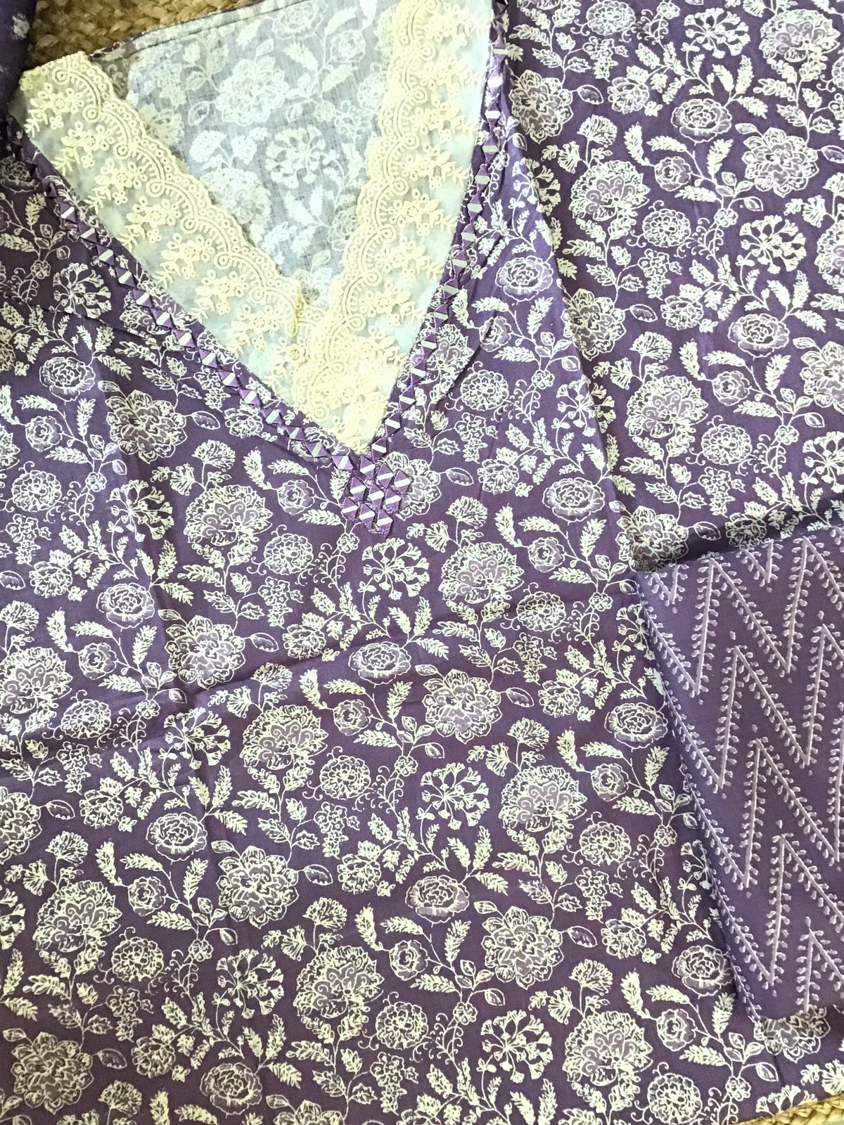 Pure Cotton Printed Embroidered Suit - Purple