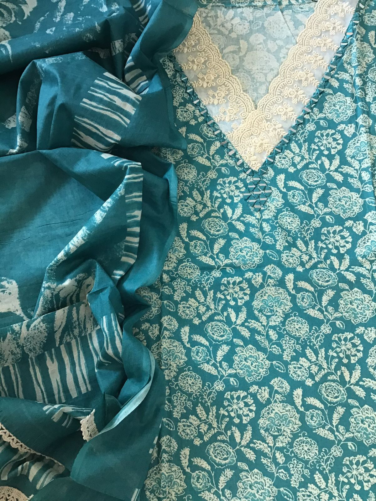 Pure Cotton Printed Embroidered Suit - Blue