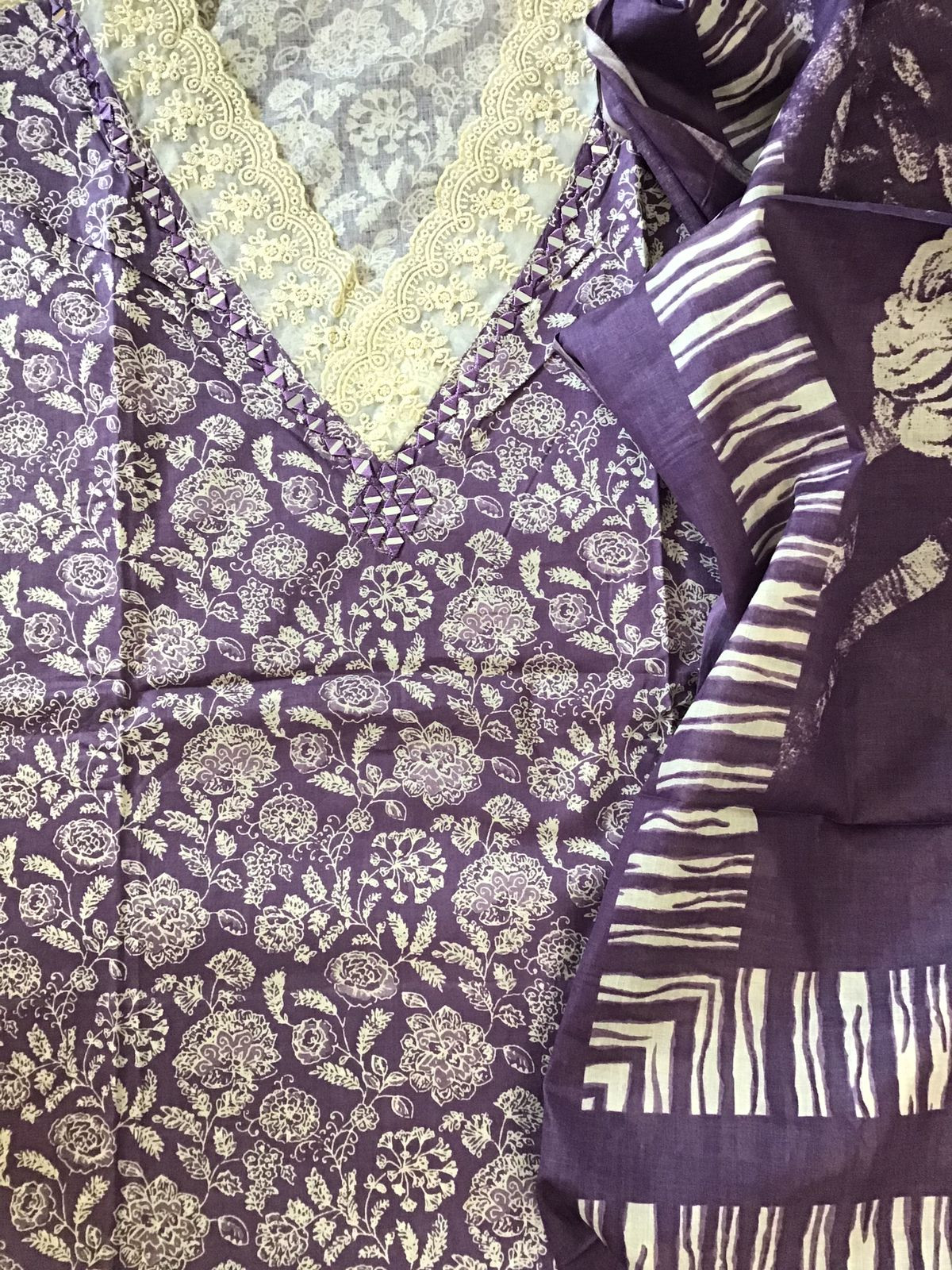 Pure Cotton Printed Embroidered Suit - Purple